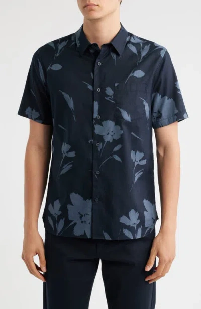 Vince Shadow Floral Short Sleeve Button-up Shirt In Black