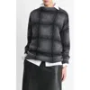 Vince Shadow Plaid Funnel Neck Sweater In Heather Charcoal Combo