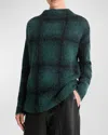 Vince Shadow Plaid Funnel Neck Sweater In Juniper Combo
