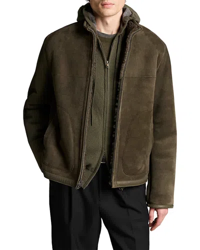 Vince Shearling Leather Funnel Neck Zip Jacket In Green