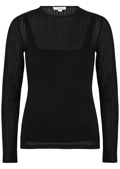 Vince Sheer Ribbed-knit Top In Black