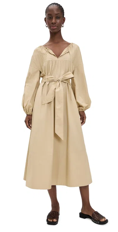 Vince Shirred Cotton Belted Tie-neck Dress Sand Beige In Brown