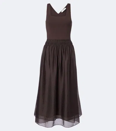 Vince Shirred Ribbed-knit Midi Dress In Brown