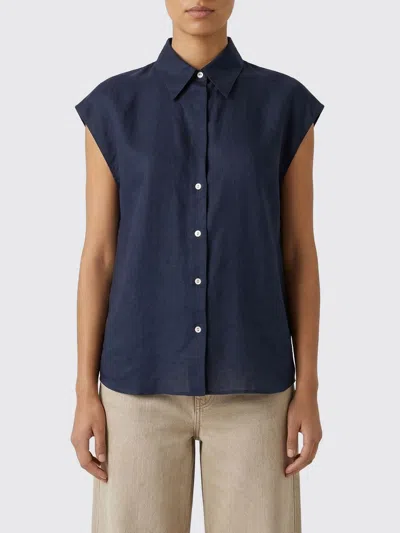 Vince Cap-sleeve Linen Button-front Blouse In Coastal Blue