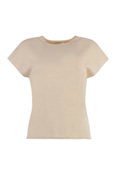 Vince Short Sleeve Beige Knit Tee With Wool In Neutral