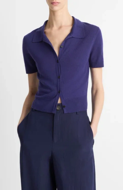 Vince Short Sleeve Button-up Sweater In Blue