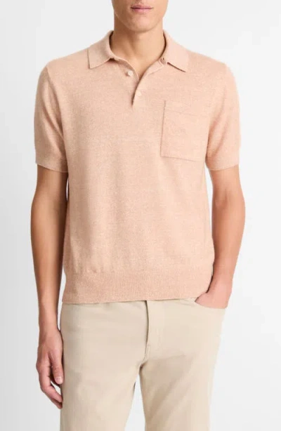 Vince Short Sleeve Linen & Wool Blend Pocket Polo Sweater In Apricot