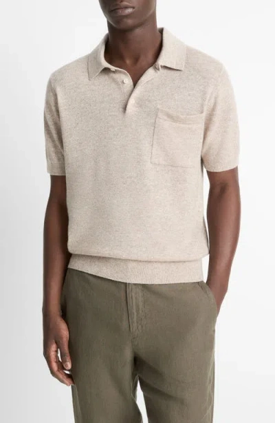 Vince Short Sleeve Linen & Wool Blend Pocket Polo Sweater In Shroom