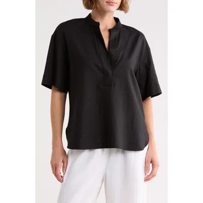 Vince Short Sleeve Linen Blend Top In Black