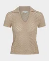 Vince Open Stitch Cotton Johnny Collar Sweater In Pale Nut