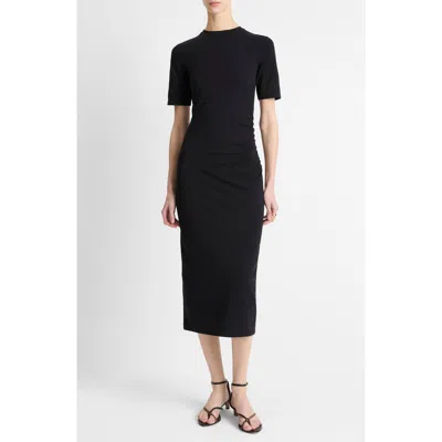 Vince Short-sleeve Ruched Jersey Midi Dress In Black