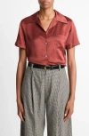 Vince Short Sleeve Silk Button-up Shirt In Burgundy