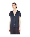 Vince Cap Sleeve Gathered Back Short Sleeve Silk Button-up Shirt In Black