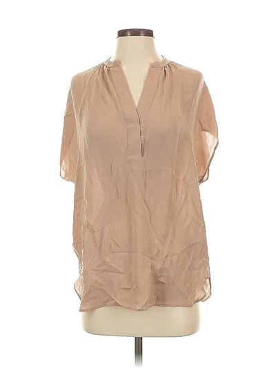 Pre-owned Vince Short Sleeve Silk Top Tan Plunge Neckline Tops In Brown