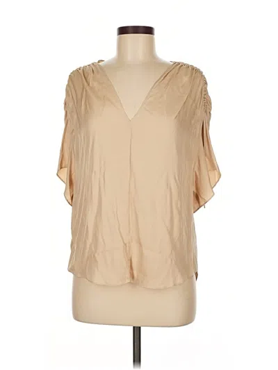 Pre-owned Vince Short Sleeve Silk Top Tan Plunge Neckline Tops In Brown