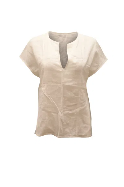 Vince Short-sleeve Split-neck Blouse In White Cotton In Beige