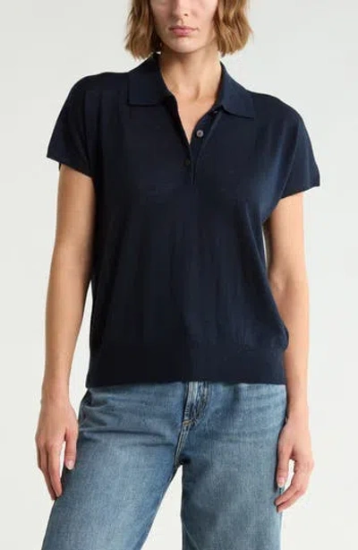 Vince Short Sleeve Wool Blend Polo Sweater In Blue