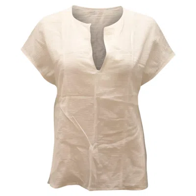 Pre-owned Vince Short-sleeve Split-neck Blouse In White Cotton
