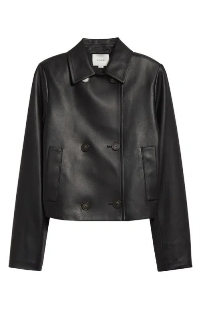 Vince Shrunken Double Breasted Leather Peacoat In Black