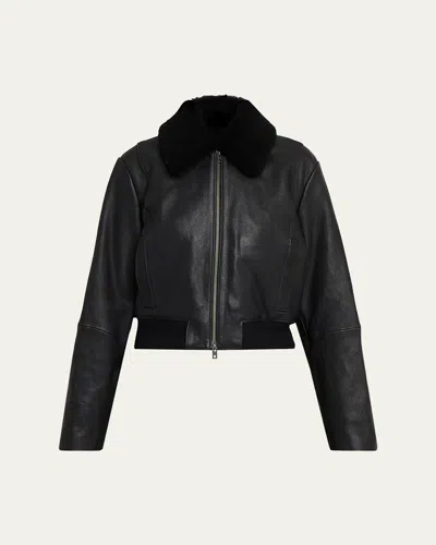 Vince Shrunken Leather Jacket With Detachable Shearling Collar In Black