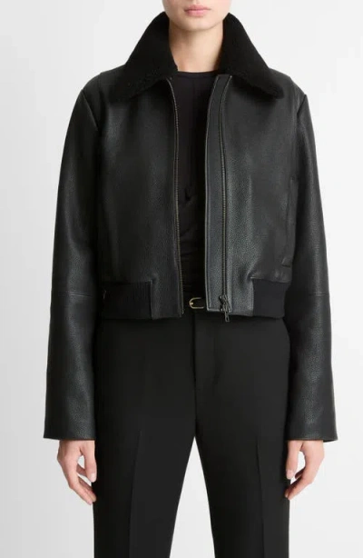 Vince Shrunken Leather Jacket With Genuine Shearling Collar In Black
