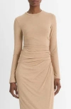 Vince Side Drape Long-sleeve Crewneck Top In Cashew