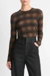 Vince Side Drape Long-sleeve Crewneck Top In Deep Walnut Combo