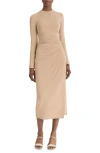 Vince Side Drape Long-sleeve Crewneck Top In Heather Cashew