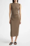 Vince Side Ruched Sleeveless Knit Midi Dress In Green