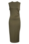 Vince Side Ruched Sleeveless Knit Midi Dress In Moss Smoke