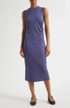 Vince Side Ruched Sleeveless Knit Midi Dress In Purple