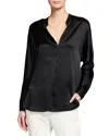 Vince Silk Satin Band Collar Blouse In Black