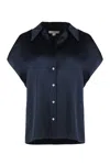 Vince Cap Sleeve Gathered Back Short Sleeve Silk Button-up Shirt In Blue