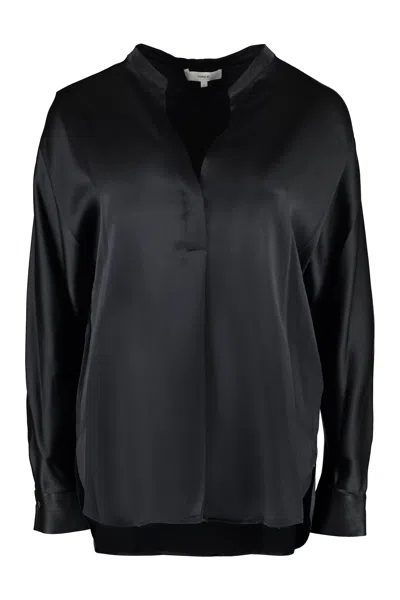 Vince Silk Blouse With Buttoned Cuffs And Rounded Hem In Black