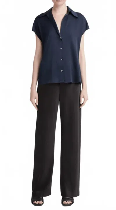 Vince Silk Cap-sleeve Ruched-back Blouse In Coastal In Blue