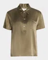 Vince Silk Charmeuse Short-sleeve Polo Shirt In Moss Smoke