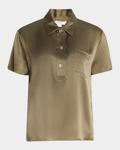 Vince Silk Charmeuse Short-sleeve Polo Shirt In Moss Smoke
