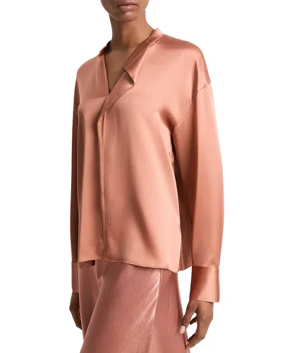 Vince Draped Stand-collar Long-sleeve Silk Blouse In Petal Amber