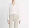 VINCE SILK LONG SLEEVE POLO BLOUSE IN 101 OWH IVORY