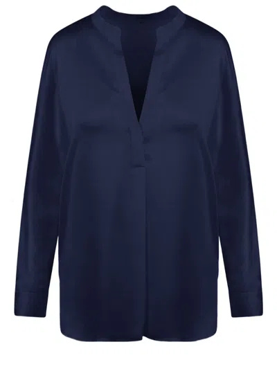 Vince Silk Long-sleeved Shirt With Mandarin Collar And V-neck In Blue