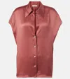Vince Cap Sleeve Gathered Back Short Sleeve Silk Button-up Shirt