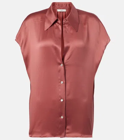 Vince Cap-sleeve Ruched-back Silk Blouse In Peony Wood