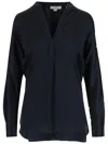 Vince Silk Satin Blouse With V-neck And Asymmetrical Hem In Blue