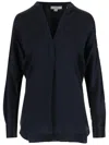 Vince Silk Satin Blouse With V-neck And Asymmetrical Hem In Blue