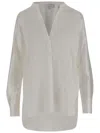 Vince Silk Satin Blouse With V-neck And Asymmetrical Hem In Neutral