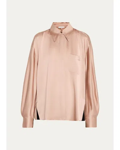 Vince Silk Satin Dolman-sleeve Button-front Shirt In Brown