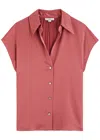 Vince Cap Sleeve Gathered Back Short Sleeve Silk Button-up Shirt
