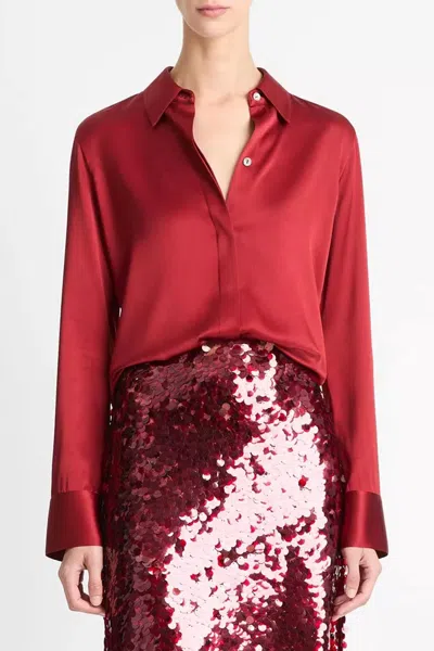 Vince Silk Satin Slim-fit Shirt In Ruby Ink In Red