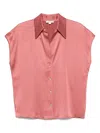 Vince Cap Sleeve Gathered Back Short Sleeve Silk Button-up Shirt