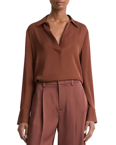 Vince Silk Stretch V Neck Top In Deep Rose